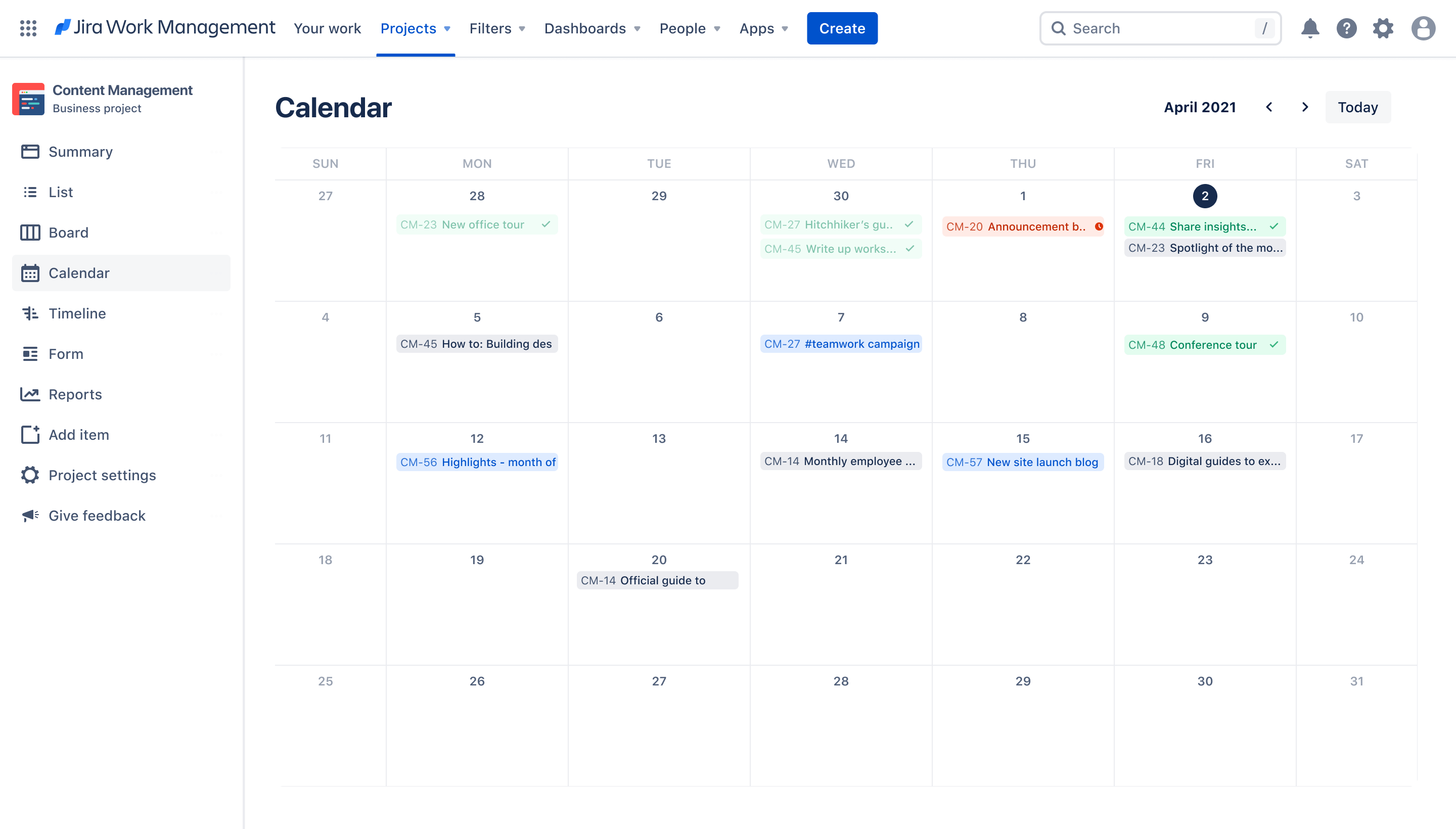 Visualização Calendário de gerenciamento de conteúdo no Jira Work Management, Jira Software